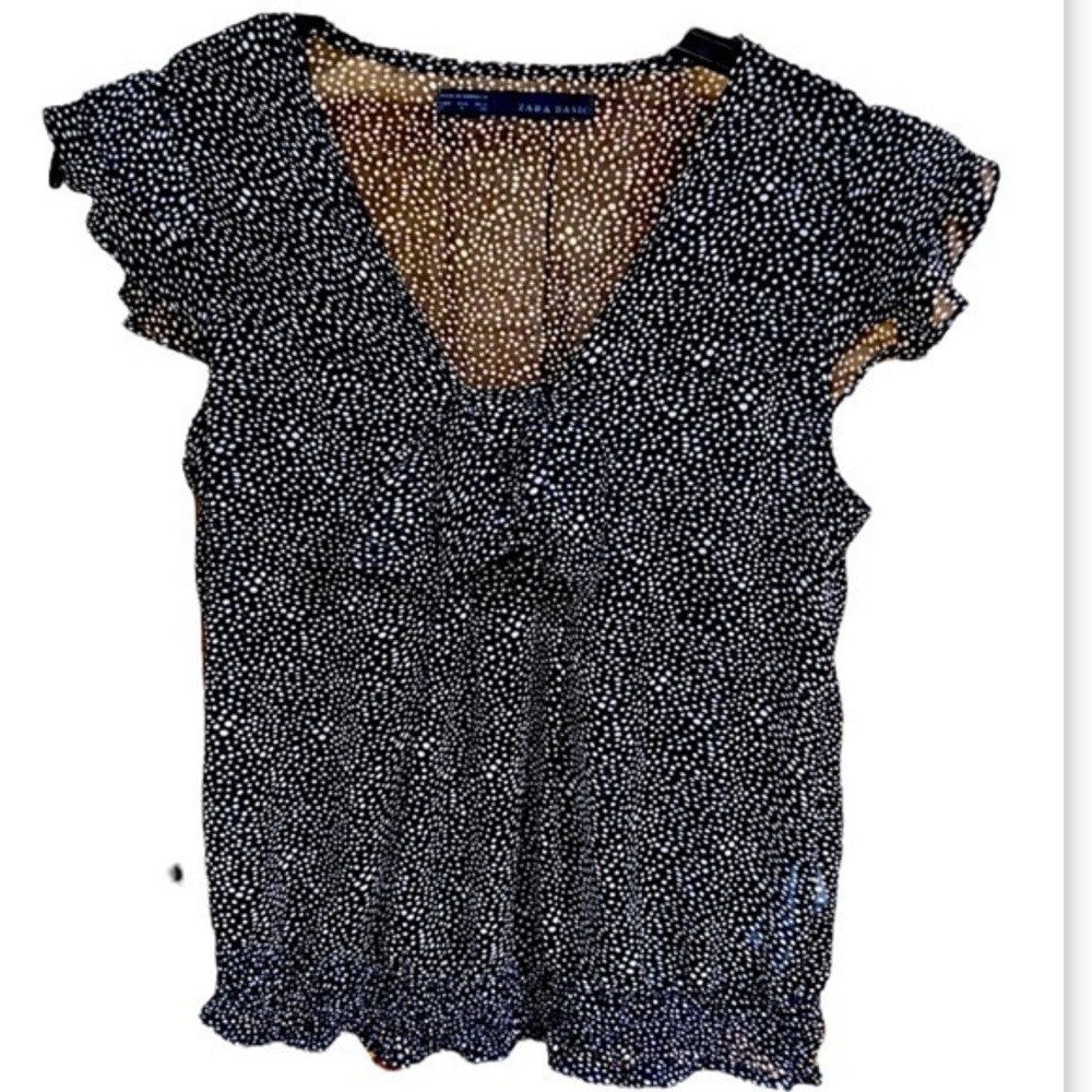 Zara Basic dot sheer blouse black white ruched elastic